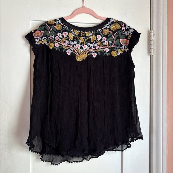 Seen Worn Kept Black Embroidered Sheer Blouse Women’s Small Boho Floral Festival - Picture 3 of 6